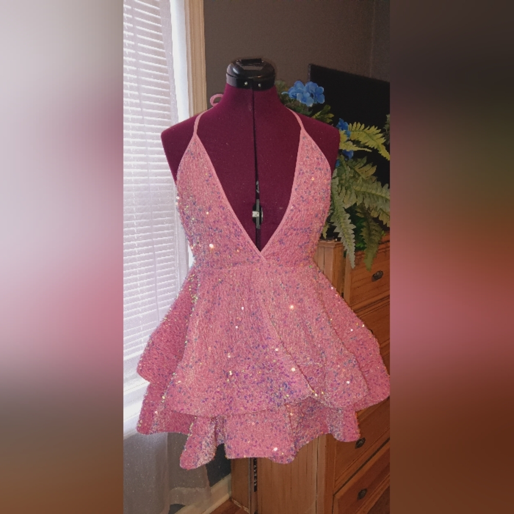 Chic Pink and Rainbow Sequin Halter Top Mini Flare Dress** 🌟